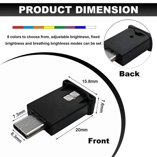 Alt view image 2 of 6 - USB Type C LED Ambient Light, 8 Colors RGB Dynamic Atmosphere Lamp Car Interior Decor USB Night Light, Adjustable Bright Plug-in Mini Ambient Lighting Kit for Car Laptop