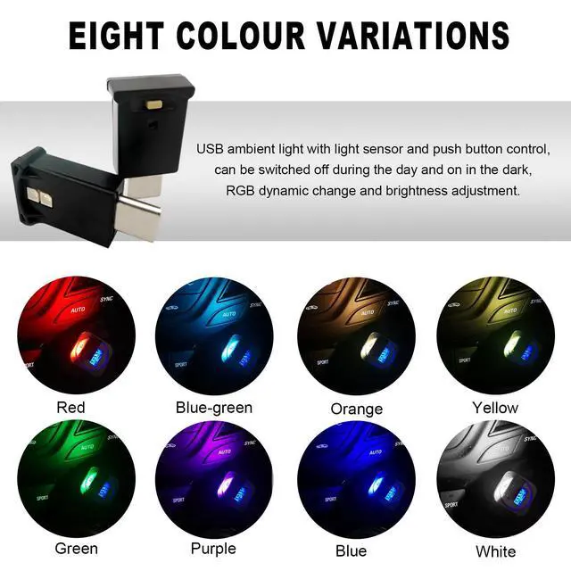 Alt view image 6 of 6 - USB Type C LED Ambient Light, 8 Colors RGB Dynamic Atmosphere Lamp Car Interior Decor USB Night Light, Adjustable Bright Plug-in Mini Ambient Lighting Kit for Car Laptop