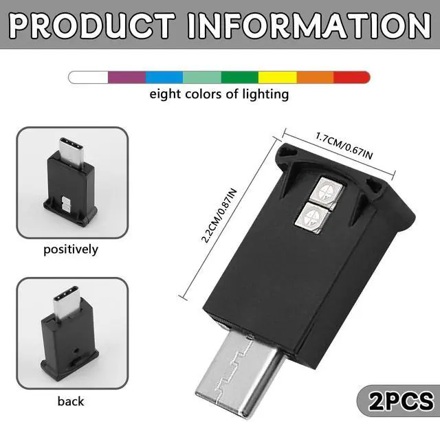 Alt view image 2 of 7 - 2PCS USB Type C LED Ambient Light,8 Colors RGB Dynamic Interior Atmosphere Lamp,Adjustable Mini USB LED Light for Car Decoration, Laptop, Keyboard, Universal Vehicle Interior Accessories