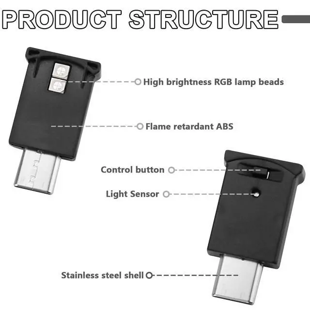 Alt view image 4 of 7 - 2PCS USB Type C LED Ambient Light,8 Colors RGB Dynamic Interior Atmosphere Lamp,Adjustable Mini USB LED Light for Car Decoration, Laptop, Keyboard, Universal Vehicle Interior Accessories