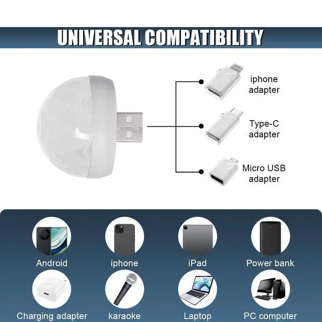 Alt view image 3 of 6 - USB LED Car Interior Atmosphere Lamp Portable Plug-in Mini RGB Ambient Light, Sound Activated LED Decorative Night Light for Vehicle, Laptop, Home Office & Party (White)