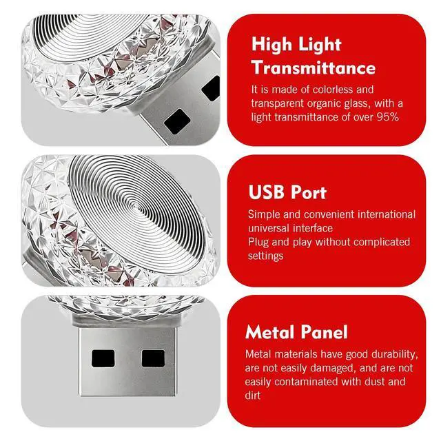 Alt view image 3 of 7 - 1 PC USB LED Car Interior Atmosphere Lamp, Plug and Play Portable Mini Car Night Ambient Light, Auto Dashboard Decoration Accessories for Most Cars, SUVs, Trucks (Red)