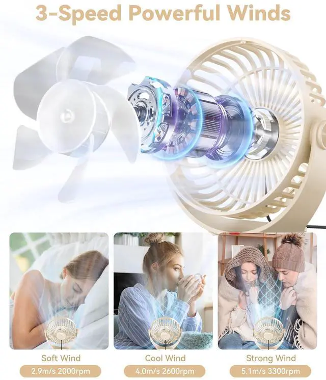 Alt view image 2 of 7 - USB Desk Fan, 5 Inch Mini Portable, 3 Speeds Strong Airflow Personal Desktop, Detachable Cooling Fan 360° Rotation Quiet Small Fan for Desk Home Office Travel Car, Beige, 5ft Cable