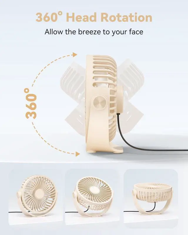 Alt view image 3 of 7 - USB Desk Fan, 5 Inch Mini Portable, 3 Speeds Strong Airflow Personal Desktop, Detachable Cooling Fan 360° Rotation Quiet Small Fan for Desk Home Office Travel Car, Beige, 5ft Cable