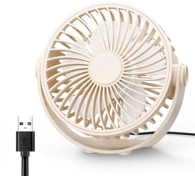 Main image of USB Desk Fan, 5 Inch Mini Portable, 3 Speeds Strong Airflow Personal Desktop, Detachable Cooling Fan 360° Rotation Quiet Small Fan for Desk Home Office Travel Car, Beige, 5ft Cable