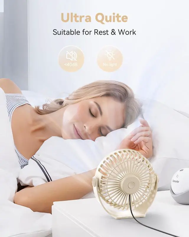 Alt view image 5 of 7 - USB Desk Fan, 5 Inch Mini Portable, 3 Speeds Strong Airflow Personal Desktop, Detachable Cooling Fan 360° Rotation Quiet Small Fan for Desk Home Office Travel Car, Beige, 5ft Cable