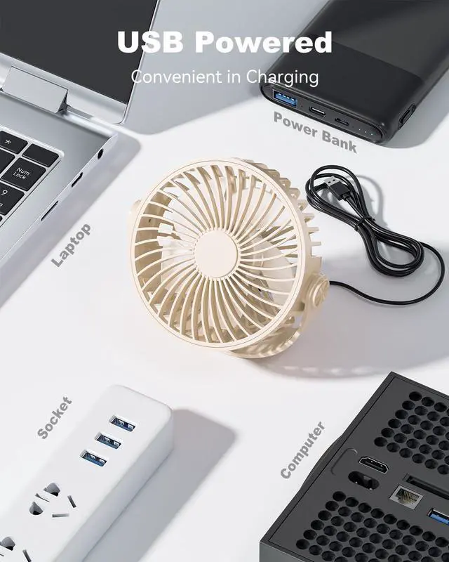 Alt view image 4 of 7 - USB Desk Fan, 5 Inch Mini Portable, 3 Speeds Strong Airflow Personal Desktop, Detachable Cooling Fan 360° Rotation Quiet Small Fan for Desk Home Office Travel Car, Beige, 5ft Cable
