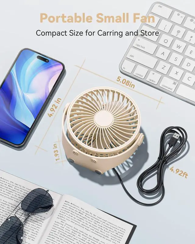 Alt view image 6 of 7 - USB Desk Fan, 5 Inch Mini Portable, 3 Speeds Strong Airflow Personal Desktop, Detachable Cooling Fan 360° Rotation Quiet Small Fan for Desk Home Office Travel Car, Beige, 5ft Cable