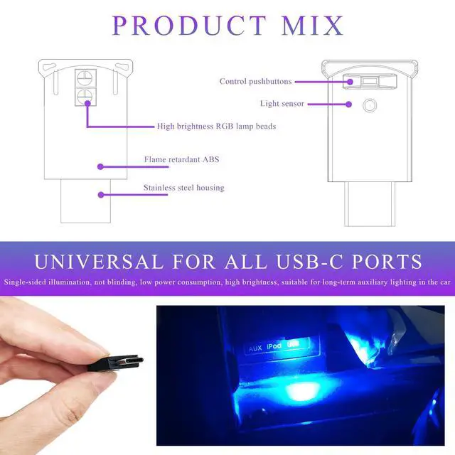 Alt view image 3 of 6 - 2 PCS USB Type C LED Ambient Light, 8 Colors RGB Car Interior Atmosphere Lamp, Plug-in USB Interface Mini LED Night Light, Portable Decoration Lighting Kit for Car Laptop