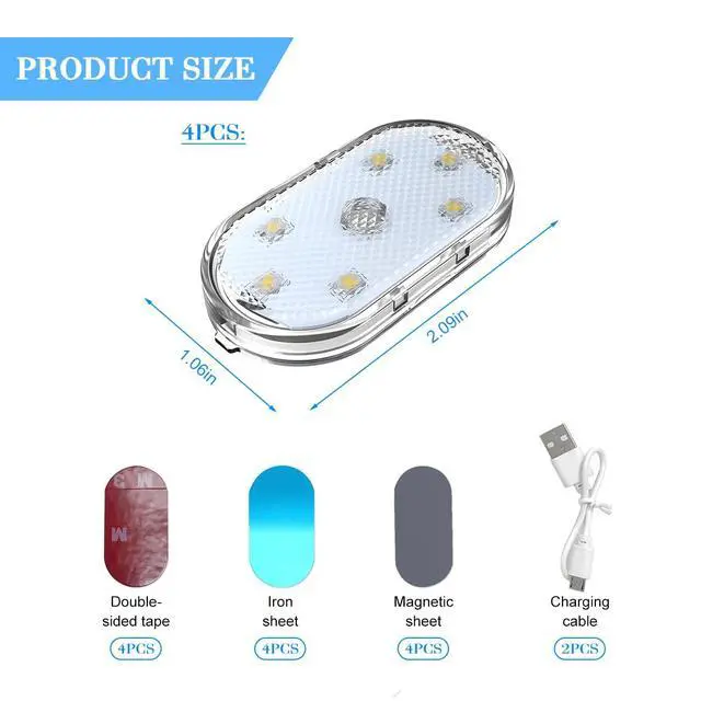 Alt view image 2 of 6 - 4PCS Car Interior Wireless Led Lights, 6 Bright LED Lamp Beads Magnetic Vehicle Ambient Light, Portable Voice USB Rechargeable Automotive Night Lighting Accessories, Universal Fit