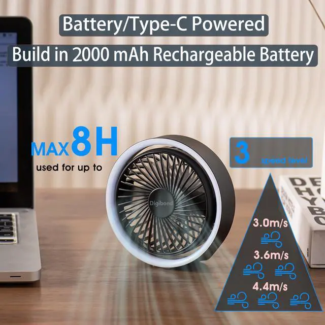 Alt view image 2 of 7 - Small Fan, High Power Silent Desk Fan Portable USB Fan 2000mAh Rechargeable Battery Powered, 3 Speed 5.3in with Night Light/Hook,180°Rotated Easy Clean (Black)