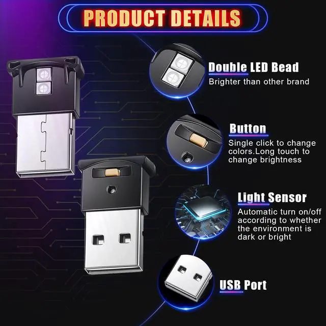Alt view image 3 of 7 - 2 Pieces Mini USB LED Light, Car LED Interior Lighting 5v Smart USB Atmosphere Light, Laptop Keyboard Office Decoration Night Lamp, Adjustable Brightness, 8 Colors