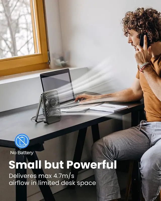 Alt view image 2 of 7 - USB Desk Fan, Strong Wind Ultra Quiet Small Personal Fan with 180° Tilt Folding and 3 Speeds Adjustable, USB-C Corded Powered Mini USB Fan for Office Desktop Bedroom, NO BATTERY