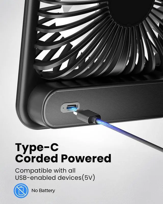 Alt view image 4 of 7 - USB Desk Fan, Strong Wind Ultra Quiet Small Personal Fan with 180° Tilt Folding and 3 Speeds Adjustable, USB-C Corded Powered Mini USB Fan for Office Desktop Bedroom, NO BATTERY