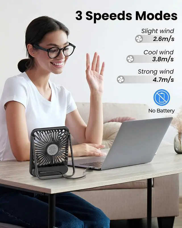 Alt view image 6 of 7 - USB Desk Fan, Strong Wind Ultra Quiet Small Personal Fan with 180° Tilt Folding and 3 Speeds Adjustable, USB-C Corded Powered Mini USB Fan for Office Desktop Bedroom, NO BATTERY