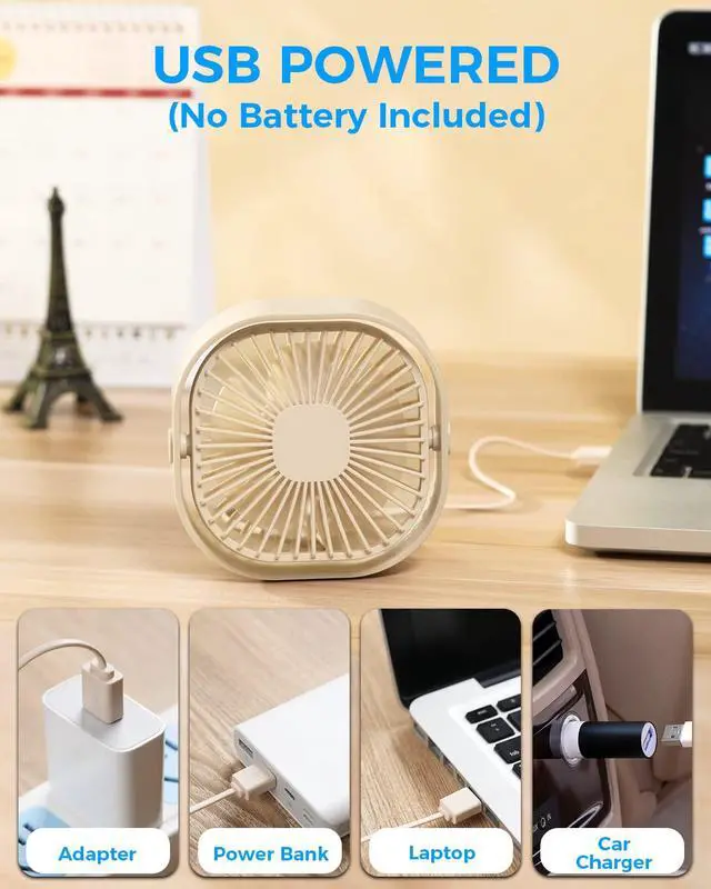 Alt view image 5 of 7 - 4 Inch Small USB Desk Fan, 3-Speed Portable & 360°Rotatable Mini Cooling Fan, USB-Powered Desktop Fan for Home Office Bedroom Dorm Indoor Outdoor Summer Gift