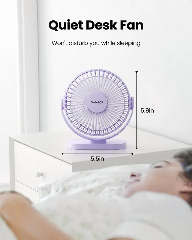 Alt view image 4 of 6 - USB Desk Fan, 5.5 Inch Small Quiet Powerful 3 Speeds 90° Rotate, Personal Mini Portable Desktop Table Fans, Cooling for Home Office Car Travel Indoor Outdoor Purple