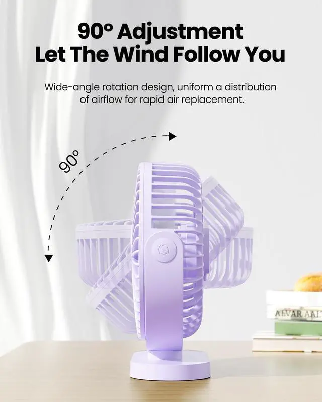 Alt view image 6 of 6 - USB Desk Fan, 5.5 Inch Small Quiet Powerful 3 Speeds 90° Rotate, Personal Mini Portable Desktop Table Fans, Cooling for Home Office Car Travel Indoor Outdoor Purple