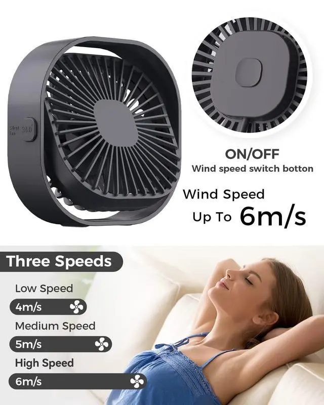 Alt view image 4 of 6 - 4 Inch Small USB Desk Fan, 3-Speed Portable & 360°Rotatable Mini Cooling Fan, USB-Powered Desktop Fan for Home Office Bedroom Dorm Indoor Outdoor Summer Gift
