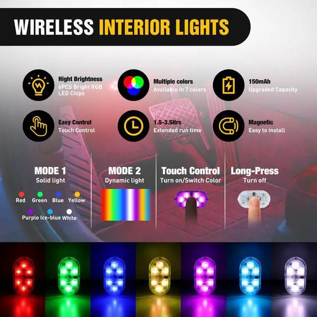 Alt view image 3 of 7 - Wireless Magnetic RGB LED Interior Lights, 2 PCS 7 Colors USB Rechargeable Universal Mini Sticky Footwell Ambient Atmosphere Reading Lamp with Touch Sensor, Portable Night Lighting for Car