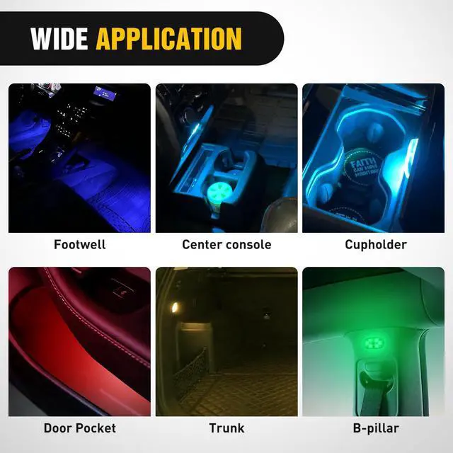 Alt view image 5 of 7 - Wireless Magnetic RGB LED Interior Lights, 2 PCS 7 Colors USB Rechargeable Universal Mini Sticky Footwell Ambient Atmosphere Reading Lamp with Touch Sensor, Portable Night Lighting for Car