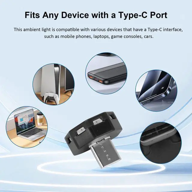 Alt view image 5 of 6 - Mini USB Type C LED Light, 8 Color RGB Interior Atmosphere Lighting for Phone, Laptop, Keyboard, Night Lamp, Decoration Brightness Direction Adjustable(Quantity: 2)