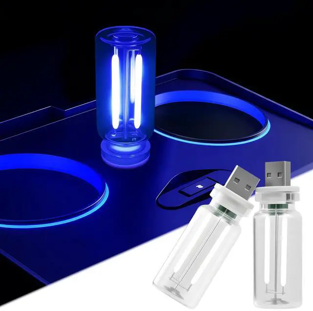 Main image of 2 PCS Car USB Night Light Bulb, Touch Dimmable Car Interior Ambient Lights, Portable Mini USB Retro Glass Bottle Lamp Decorations for Vehicle, Bedroom, Hallway, Camping (Blue)