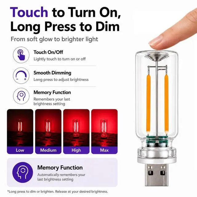Alt view image 2 of 7 - 4PCS Dimmable USB Touch Control Led Night Lights, Glass Plug in USB Light Bulbs, Cute Interior Car Lights, Retro Led Ambient Lighting, Small Mood Lamp for Bedroom, Hallway, Nursery, Camping
