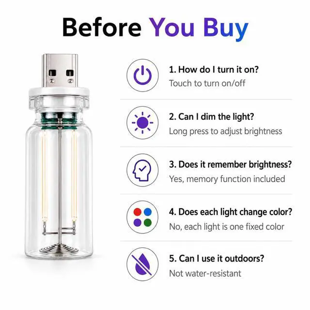 Alt view image 7 of 7 - 4PCS Dimmable USB Touch Control Led Night Lights, Glass Plug in USB Light Bulbs, Cute Interior Car Lights, Retro Led Ambient Lighting, Small Mood Lamp for Bedroom, Hallway, Nursery, Camping