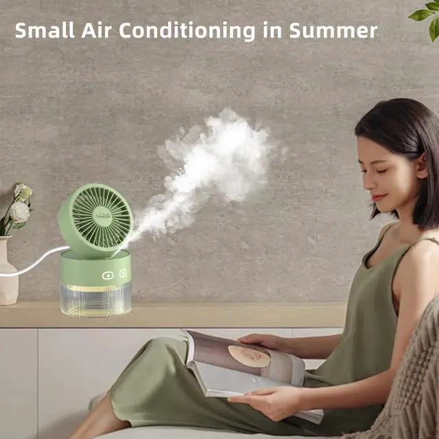 Alt view image 4 of 7 - Personal Cooling Fan and Small Air Humidifier 350ml with LED Night Light, Desktop USB Charging 3 in 1 for Office and Small Room, No Battery, Green