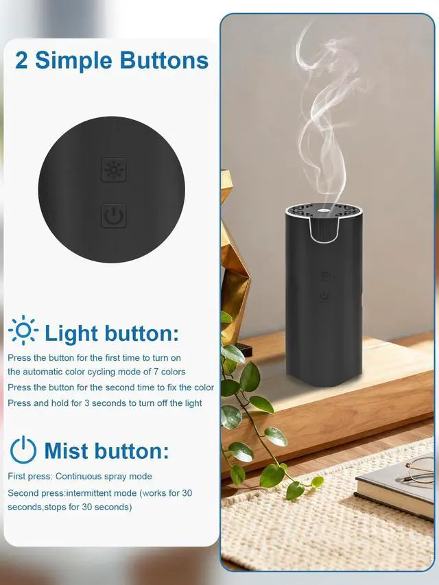 Alt view image 6 of 7 - 100ML Car Diffuser, USB Rechargeable Battery Operated, Cordless Portable Essential Oil Diffuser with 7 LED Color Lights, 2 Timer Modes