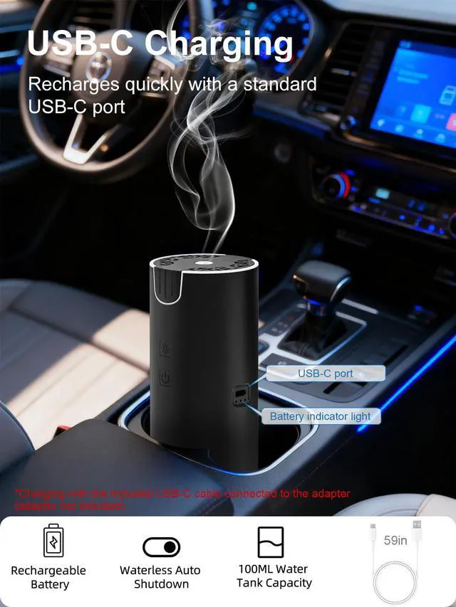 Alt view image 4 of 7 - 100ML Car Diffuser, USB Rechargeable Battery Operated, Cordless Portable Essential Oil Diffuser with 7 LED Color Lights, 2 Timer Modes