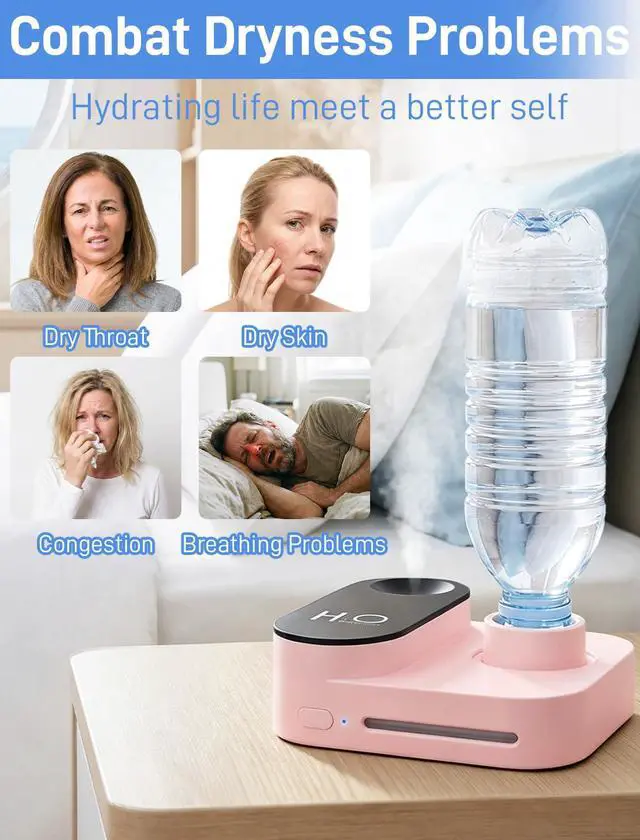 Alt view image 2 of 7 - Cruise Humidifier Portable Humidifier for Travel Whisper-Quiet Mini Humidifier Travel Humidifier for Cruise&Office&Car with Night Light, Auto-Off & 2 Mist Modes Water Bottle Humidifier Pink