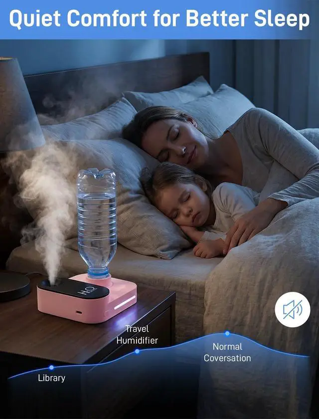 Alt view image 4 of 7 - Cruise Humidifier Portable Humidifier for Travel Whisper-Quiet Mini Humidifier Travel Humidifier for Cruise&Office&Car with Night Light, Auto-Off & 2 Mist Modes Water Bottle Humidifier Pink
