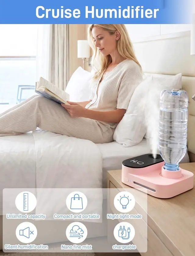 Alt view image 6 of 7 - Cruise Humidifier Portable Humidifier for Travel Whisper-Quiet Mini Humidifier Travel Humidifier for Cruise&Office&Car with Night Light, Auto-Off & 2 Mist Modes Water Bottle Humidifier Pink