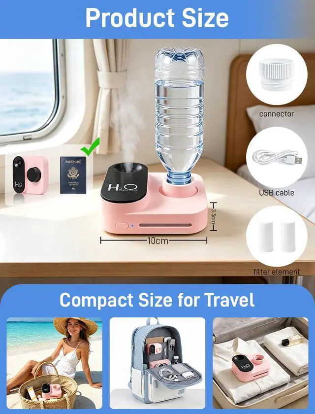 Alt view image 7 of 7 - Cruise Humidifier Portable Humidifier for Travel Whisper-Quiet Mini Humidifier Travel Humidifier for Cruise&Office&Car with Night Light, Auto-Off & 2 Mist Modes Water Bottle Humidifier Pink