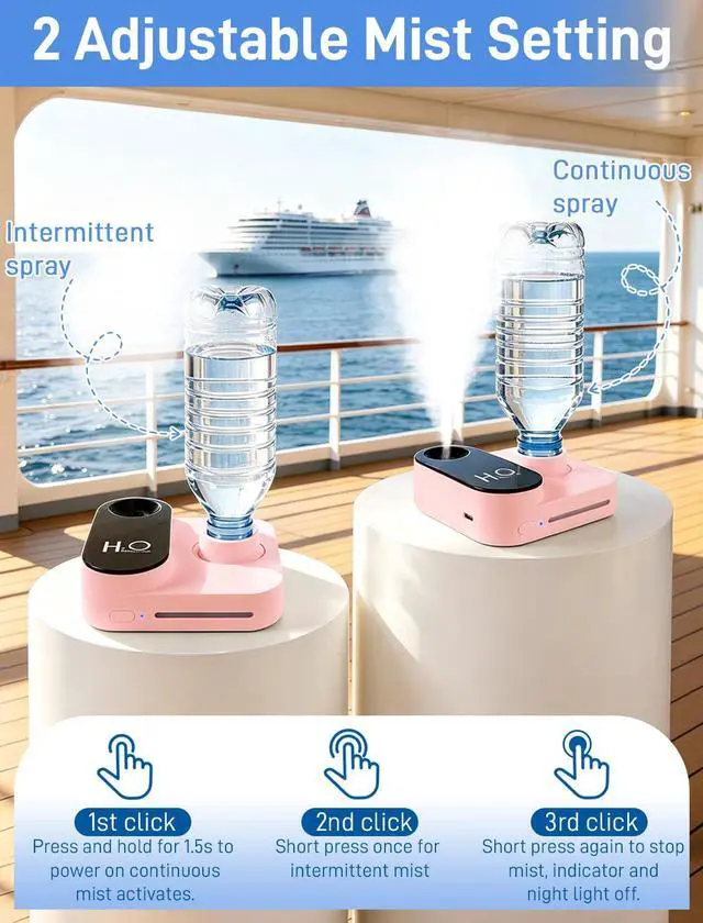 Alt view image 5 of 7 - Cruise Humidifier Portable Humidifier for Travel Whisper-Quiet Mini Humidifier Travel Humidifier for Cruise&Office&Car with Night Light, Auto-Off & 2 Mist Modes Water Bottle Humidifier Pink