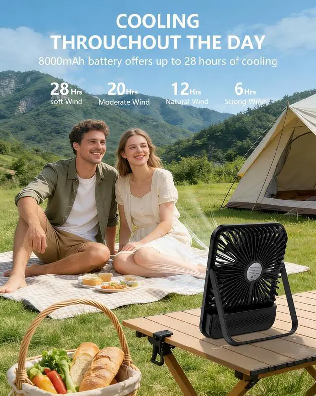 Alt view image 7 of 7 - 8000mAh 28hrs Portable Travel Fan, 7in Ultra-Thin Quiet Rechargeable Battery Operated Powered Desk Fan with Timer & LED Display for Bedroom, Office, Camping,Cruise Approved