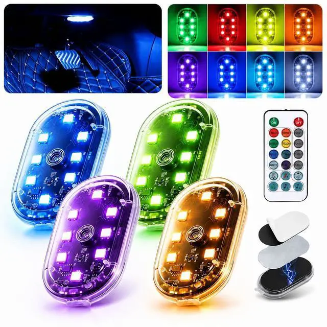 Main image of Magnetic LED Interior Car Lights, 8 Colors RGB Wireless Ambient Nightlight