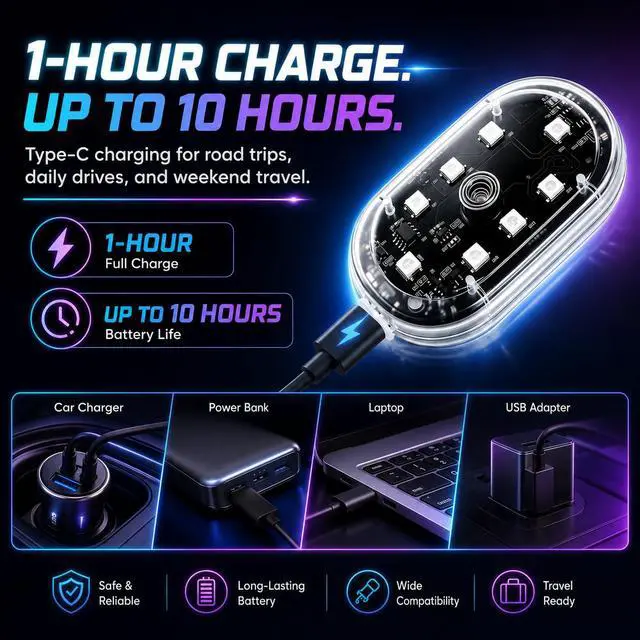 Alt view image 6 of 7 - Magnetic LED Interior Car Lights, 8 Colors RGB Wireless Ambient Nightlight