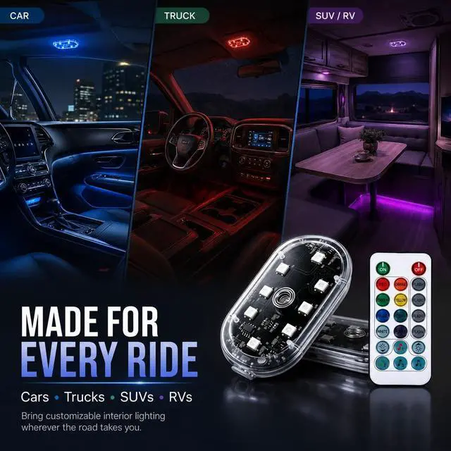 Alt view image 5 of 7 - Magnetic LED Interior Car Lights, 8 Colors RGB Wireless Ambient Nightlight