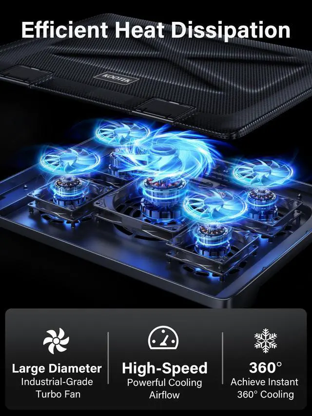 Alt view image 2 of 7 - Laptop Cooling Pad, Laptop Cooler with 5 Quiet Fans for 12"-17" Computer PC Notebook Gaming Laptop Fan, Height Adjustable Laptop Cooling Stand Laptop Accessories, Blue