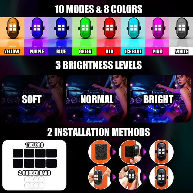 Alt view image 6 of 7 - Upgraded Wireless LED Lights for Car, Rechargeable Interior Car Lights with 8 Colors Brightness Adjustable, 12H Battery Life, Remote Control, Mini Strobe Lights for Vehicle Motorcycle Bike Decor