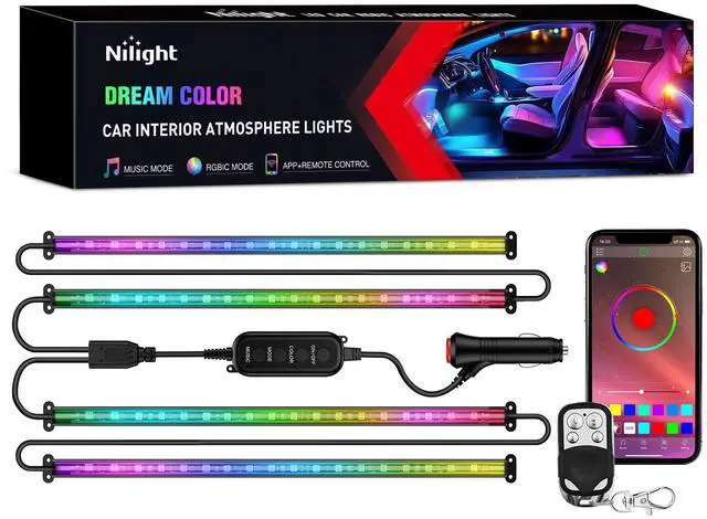 Main image of 4PCS Interior Car Strip Lights Cigarette Lighter Dream Color RGB-IC 12V DC with App Remote Control Multicolor Under Car Dash Lighting 2 Lines Design Music Sync Mode for Cars Truck ATV UTV