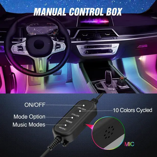 Alt view image 4 of 7 - 4PCS Interior Car Strip Lights Cigarette Lighter Dream Color RGB-IC 12V DC with App Remote Control Multicolor Under Car Dash Lighting 2 Lines Design Music Sync Mode for Cars Truck ATV UTV