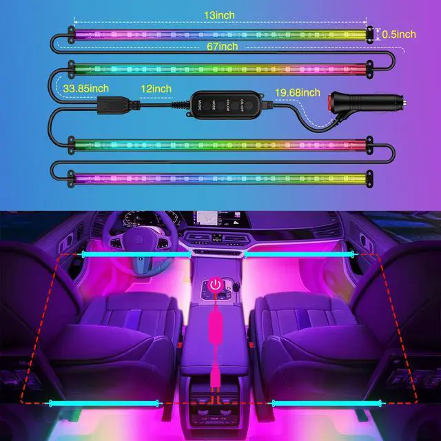 Alt view image 5 of 7 - 4PCS Interior Car Strip Lights Cigarette Lighter Dream Color RGB-IC 12V DC with App Remote Control Multicolor Under Car Dash Lighting 2 Lines Design Music Sync Mode for Cars Truck ATV UTV
