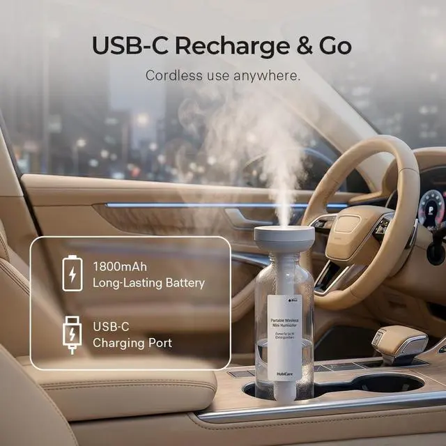 Alt view image 4 of 7 - Mini Humidifier, Portable Wireless Table Humidifier, USB-C Rechargeable Personal Mist Maker with Adjustable Length, Quiet 28dB, Leak-Resistant Design for Car, Bedroom, Office