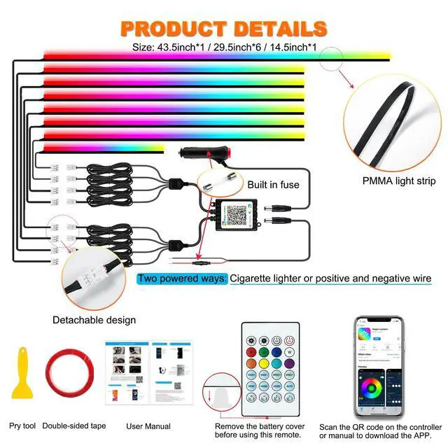 Alt view image 5 of 7 - Interior Car LED Strip Lights, Acrylic LED Lights for Car with Dynamic Dreamcolor Chasing, Ambient Lighting Kits Music Sync Wireless APP and RF Remote Control (8 in 1)
