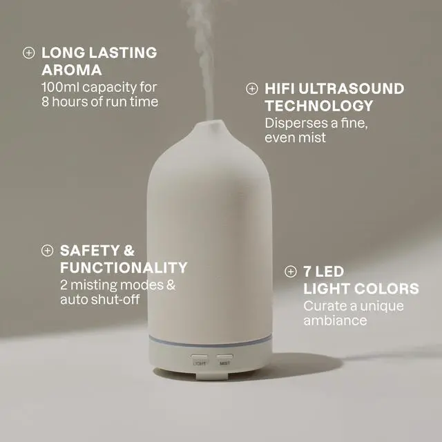 Alt view image 2 of 6 - Ceramic Diffuser (White), 100ml Ultrasonic for Essential Oils Aromatherapy, Home & Office
