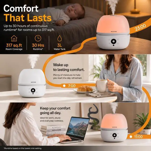 Alt view image 3 of 7 - 3L Top Fill Humidifier for Bedroom, 20dB Whisper-Quiet Cool Mist with Easy Remote Control, 30H Runtime, Night Light, Essential Oil Tray, Timer for Baby, Plants and Home